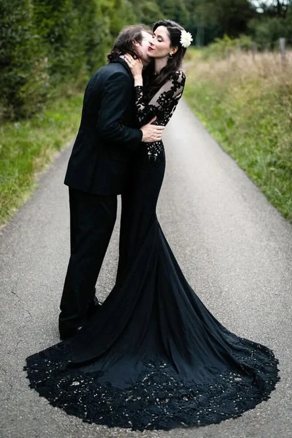 Mermaid Floral Black Wedding Dress Long Sleeve Wedding Gown WD742