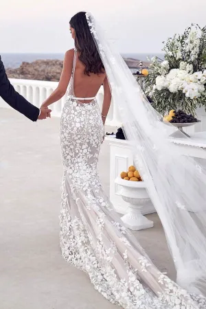 Mermaid Lace Beach Wedding Dress Beaded Bridal Gown