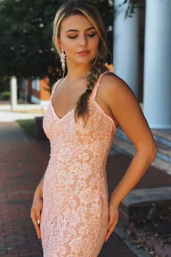 Mermaid V-neck Sleeveless Pink Lace Backless Prom Dress Beading  PG749