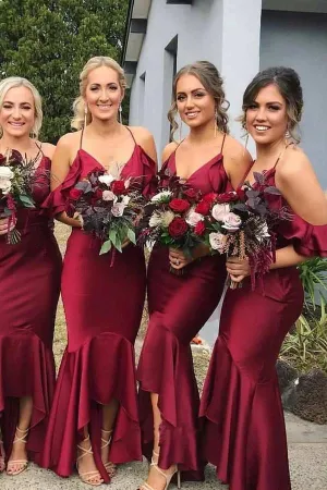 Mermaid V Neck Straps Burgundy Bridesmaid Dress