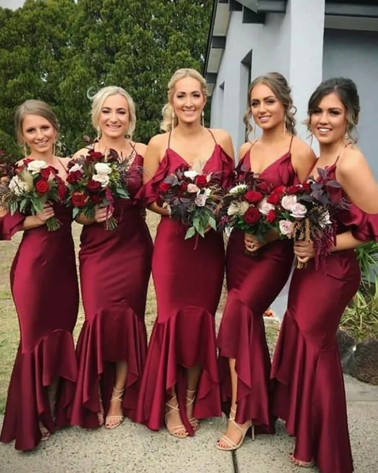 Mermaid V Neck Straps Burgundy Bridesmaid Dress