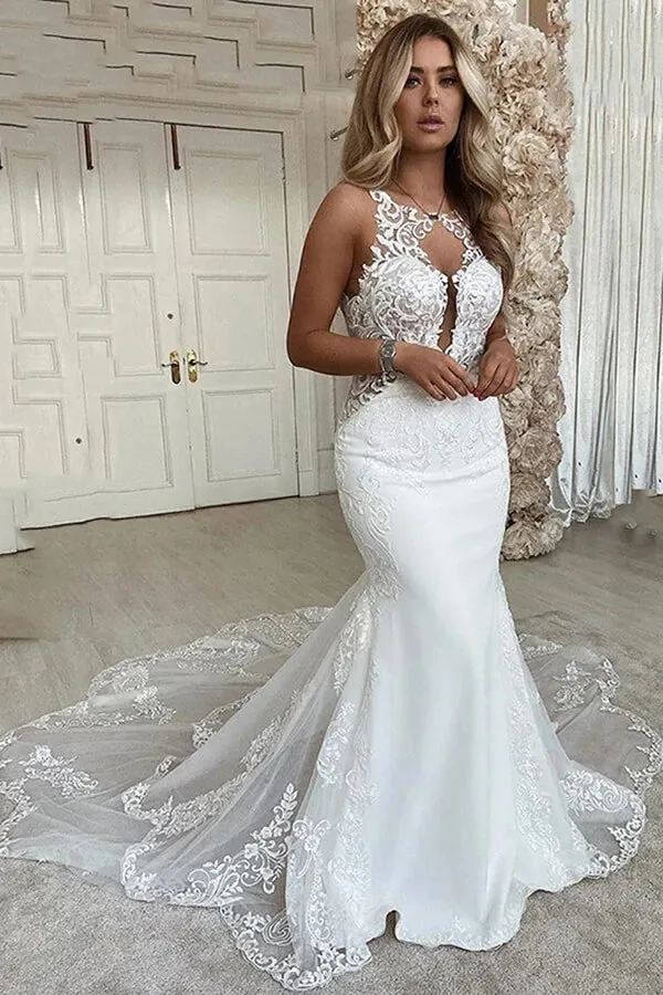 Mermaid White Lace Wedding Dress Backless Bridal Gown