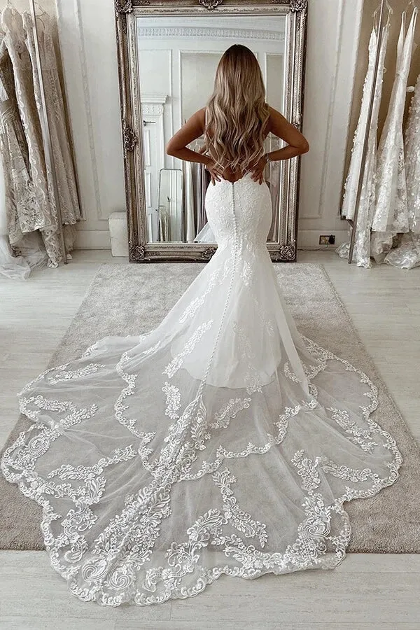 Mermaid White Lace Wedding Dress Backless Bridal Gown