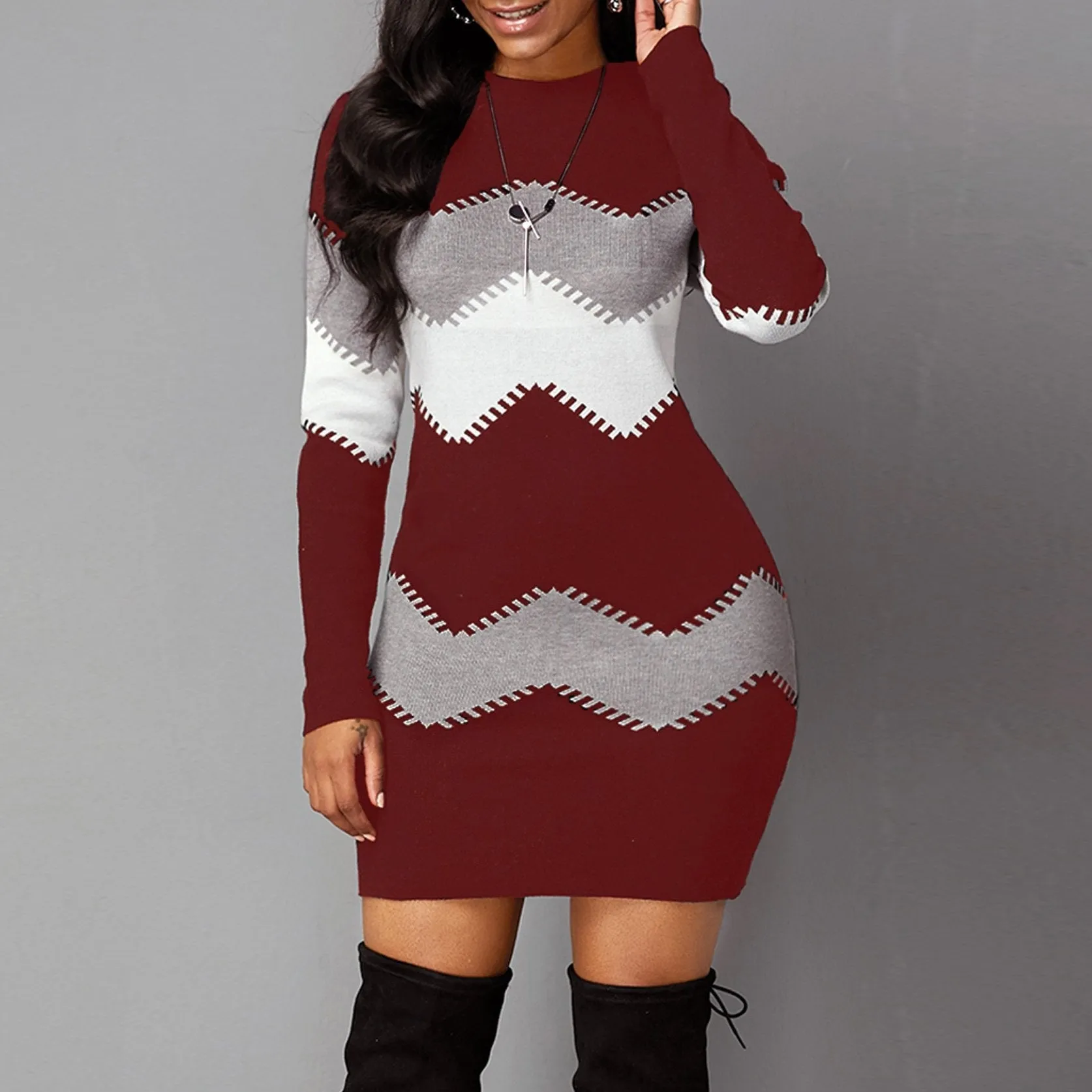 Mid-length round neck long-sleeved knit bag hip bottoming dress