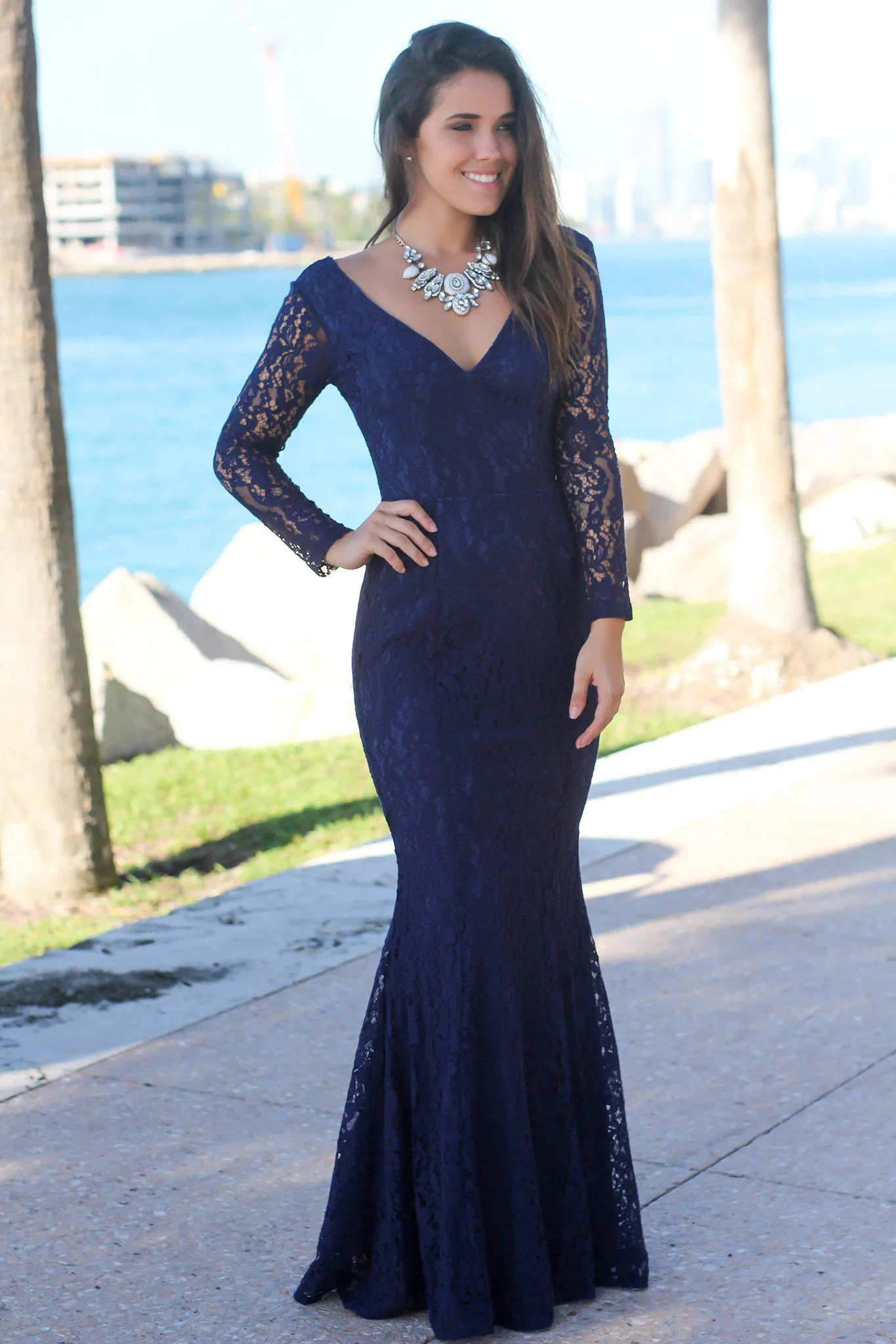 Navy Lace Long Sleeve Maxi Dress with Open Back