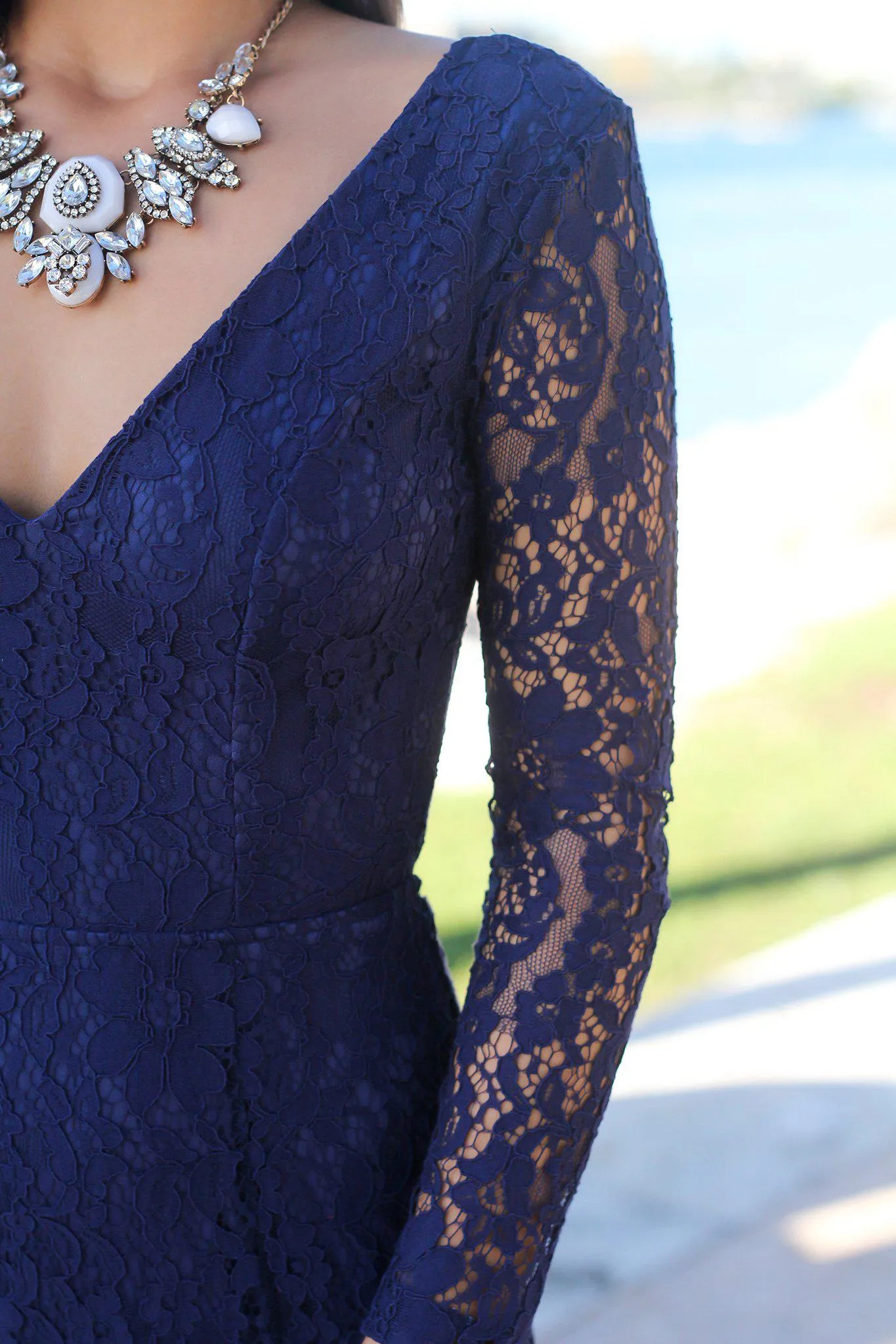 Navy Lace Long Sleeve Maxi Dress with Open Back