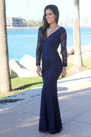 Navy Lace Long Sleeve Maxi Dress with Open Back