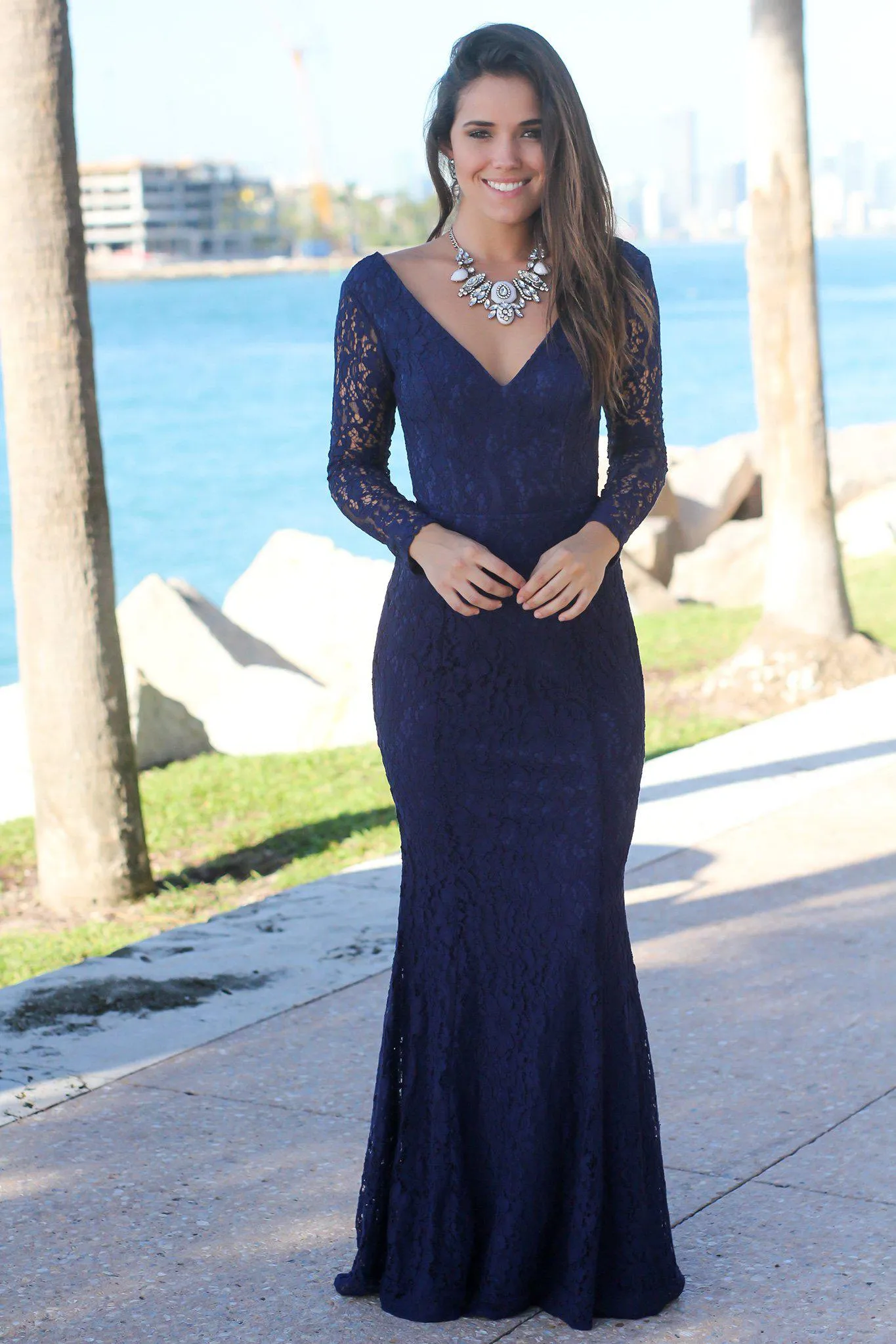 Navy Lace Long Sleeve Maxi Dress with Open Back