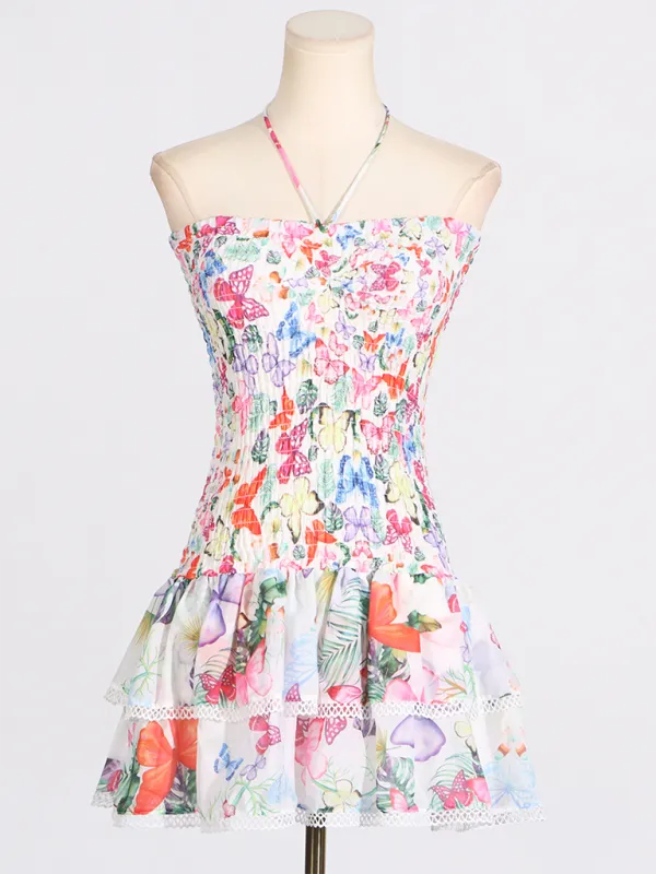 New tube top design ultra short ruffle floral dress