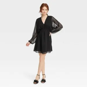 New - Women's Balloon Sleeve Mini Dress - A New Day Black L