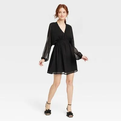 New - Women's Balloon Sleeve Mini Dress - A New Day Black L