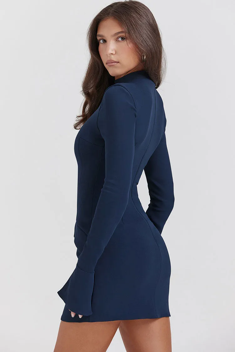 OL Mock Neck Bell Sleeve Flap Pocket Bodycon Party Mini Dress - Navy Blue