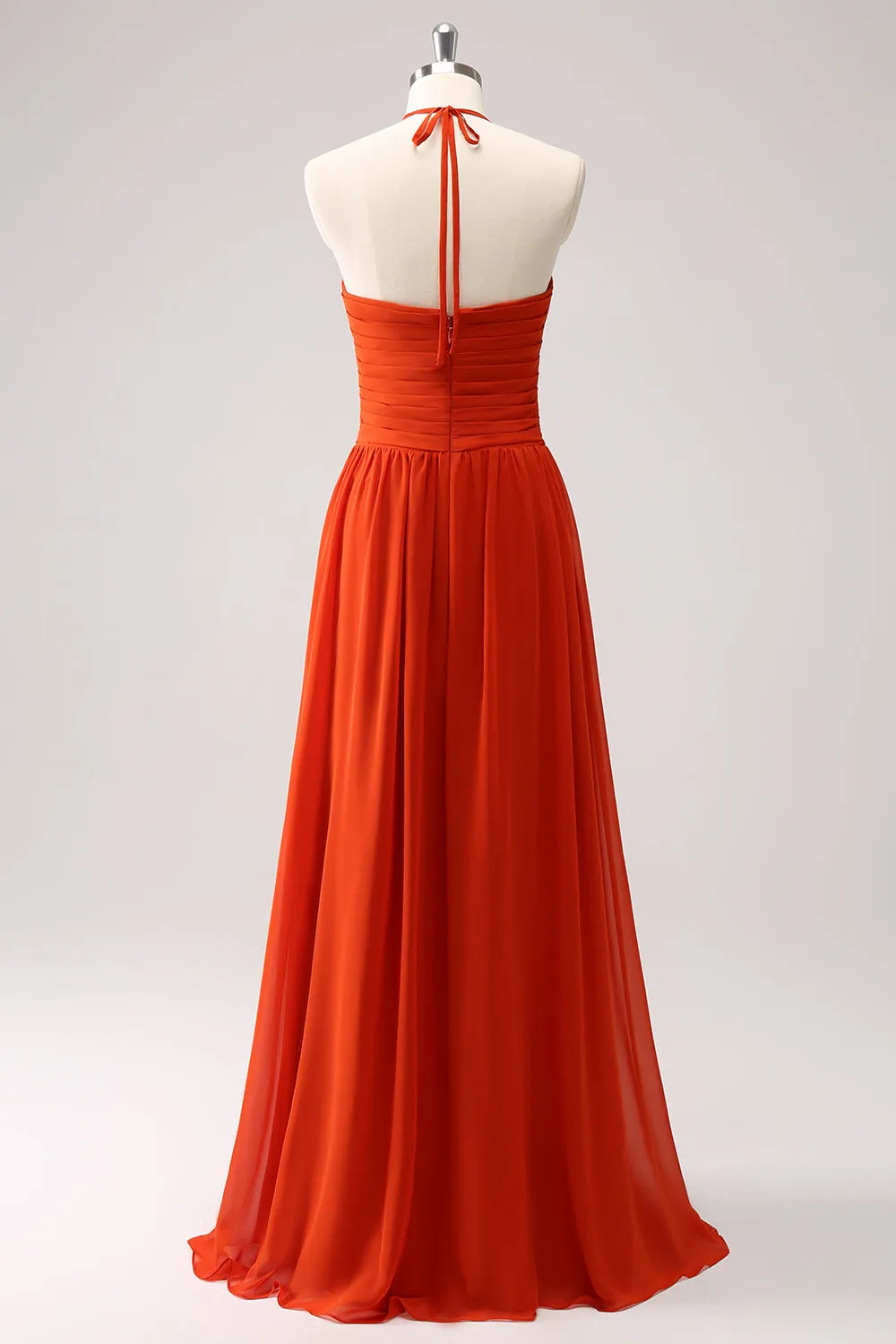 Orange Halter Ruched A Line Maxi Bridesmaid Dress