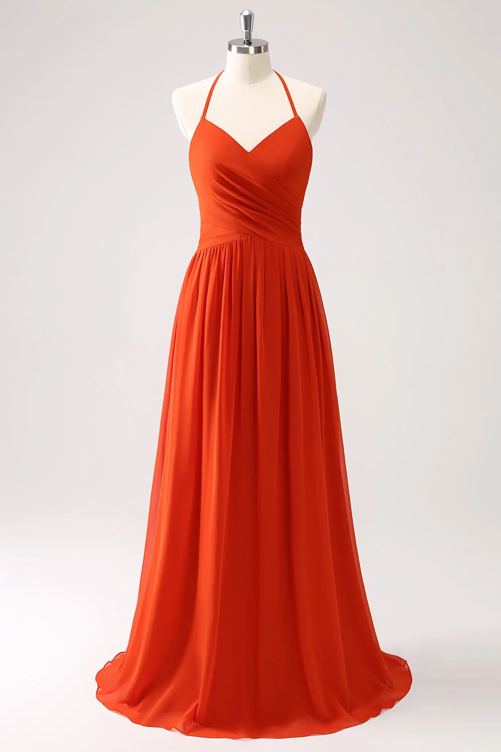 Orange Halter Ruched A Line Maxi Bridesmaid Dress