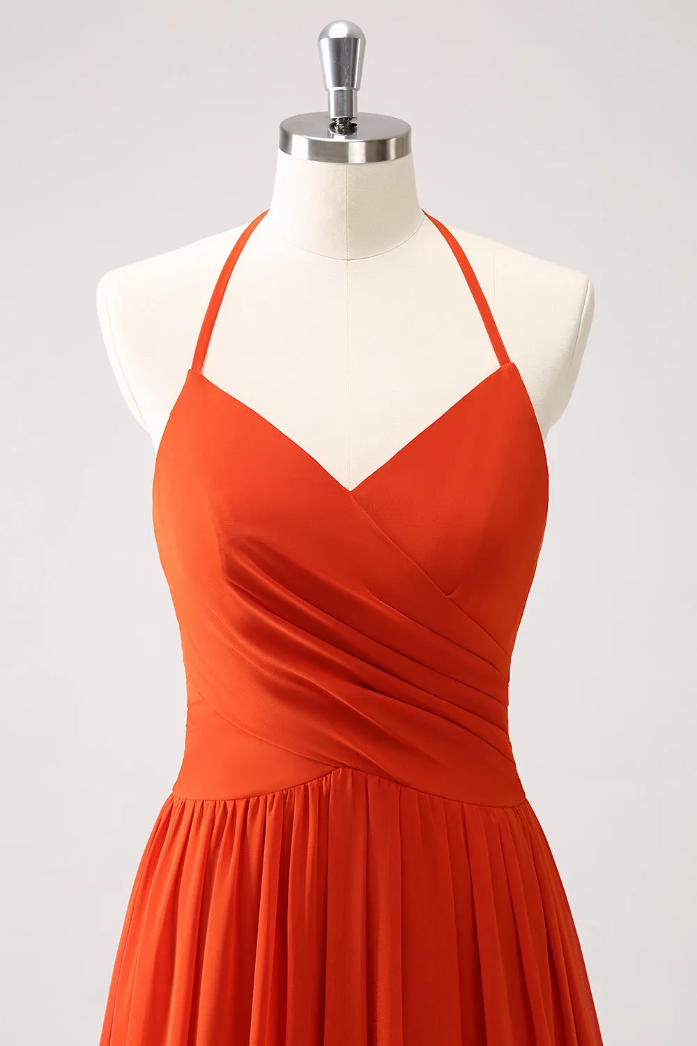 Orange Halter Ruched A Line Maxi Bridesmaid Dress