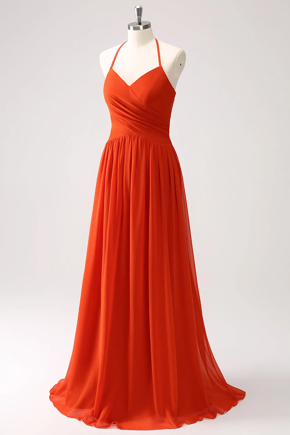 Orange Halter Ruched A Line Maxi Bridesmaid Dress