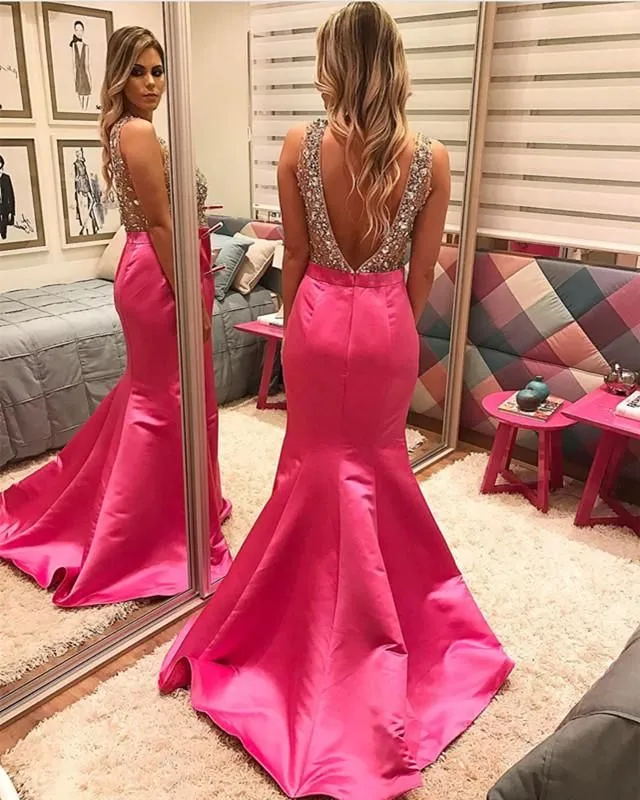 Pearl Beaded V-Neckline Satin Mermaid Evening Dress Backless Prom Gowns sew1084