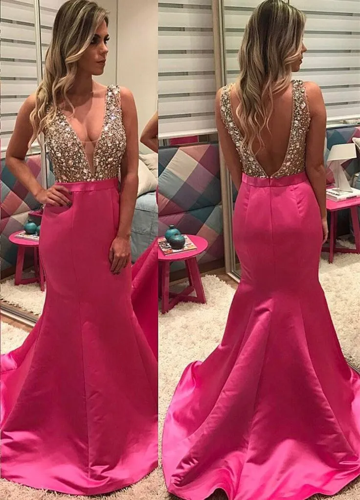 Pearl Beaded V-Neckline Satin Mermaid Evening Dress Backless Prom Gowns sew1084