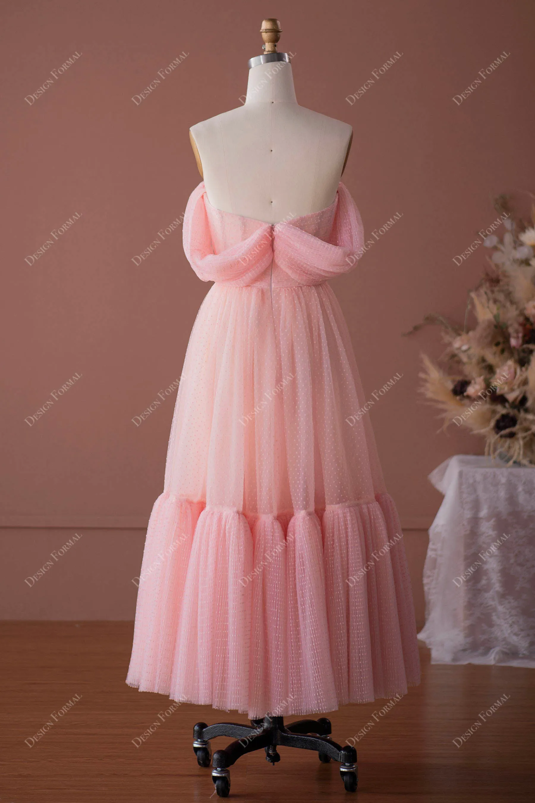 Pink Dot Tulle Off-the-Shoulder Fairy Tea Length Designer Dress