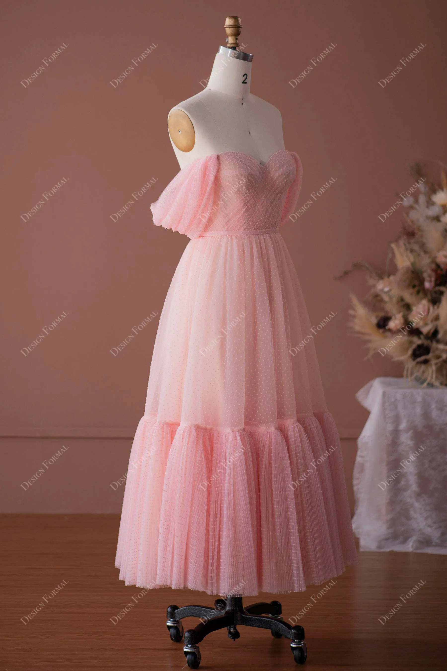 Pink Dot Tulle Off-the-Shoulder Fairy Tea Length Designer Dress