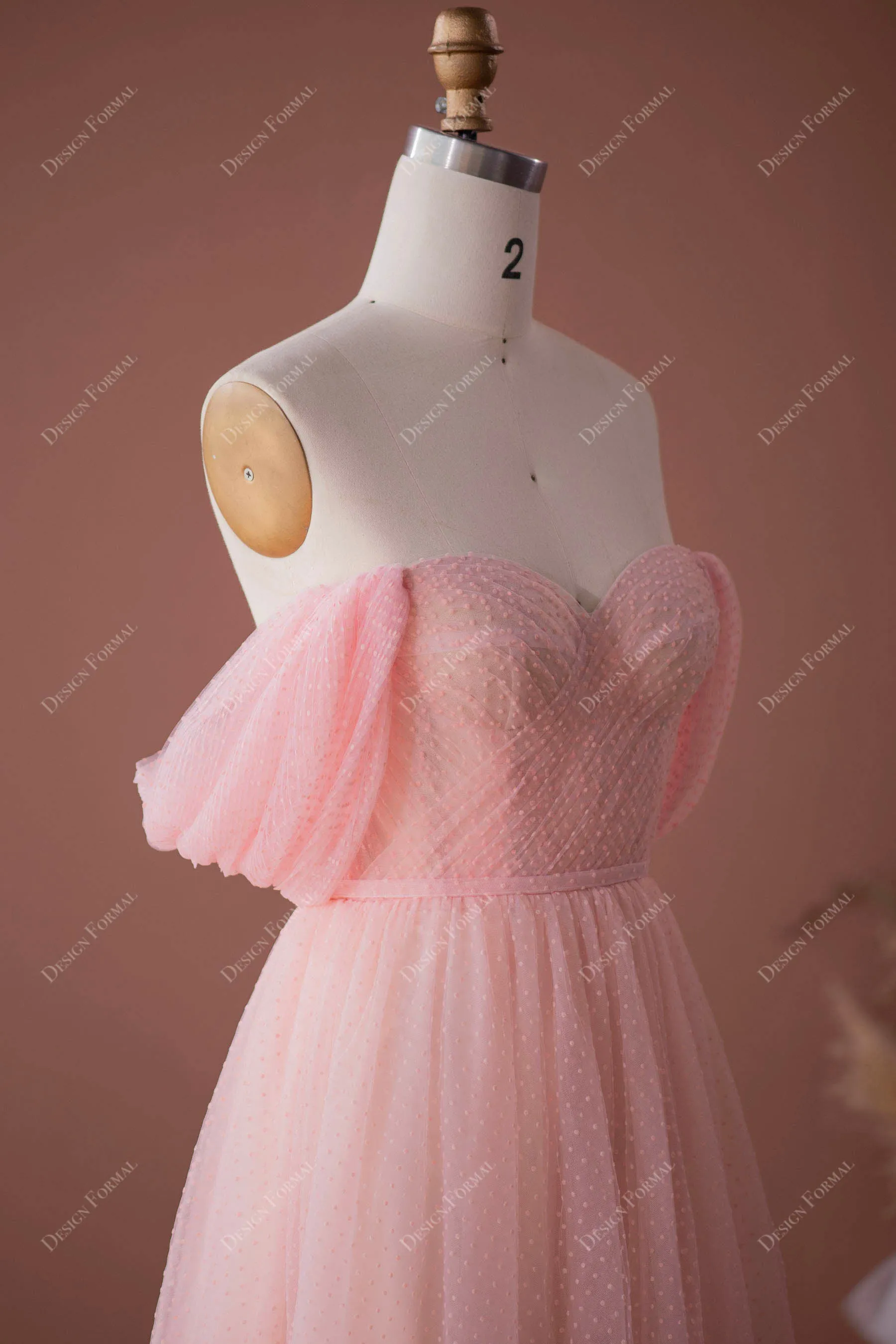 Pink Dot Tulle Off-the-Shoulder Fairy Tea Length Designer Dress