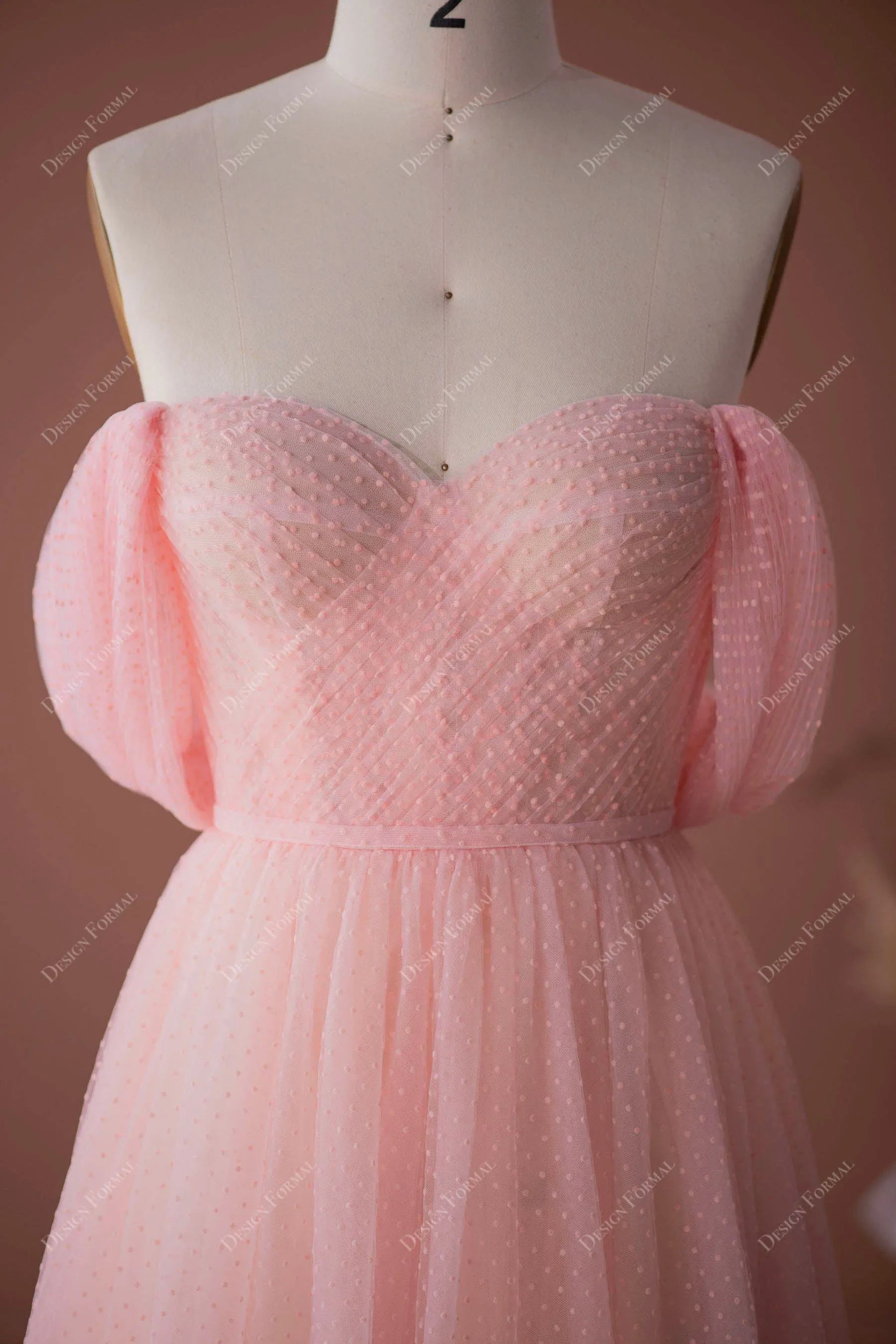 Pink Dot Tulle Off-the-Shoulder Fairy Tea Length Designer Dress