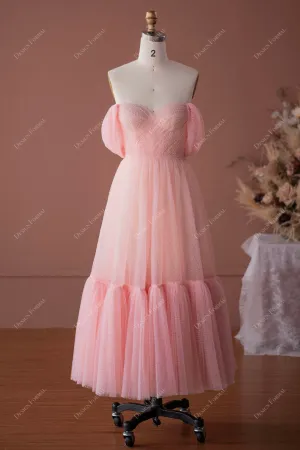 Pink Dot Tulle Off-the-Shoulder Fairy Tea Length Designer Dress