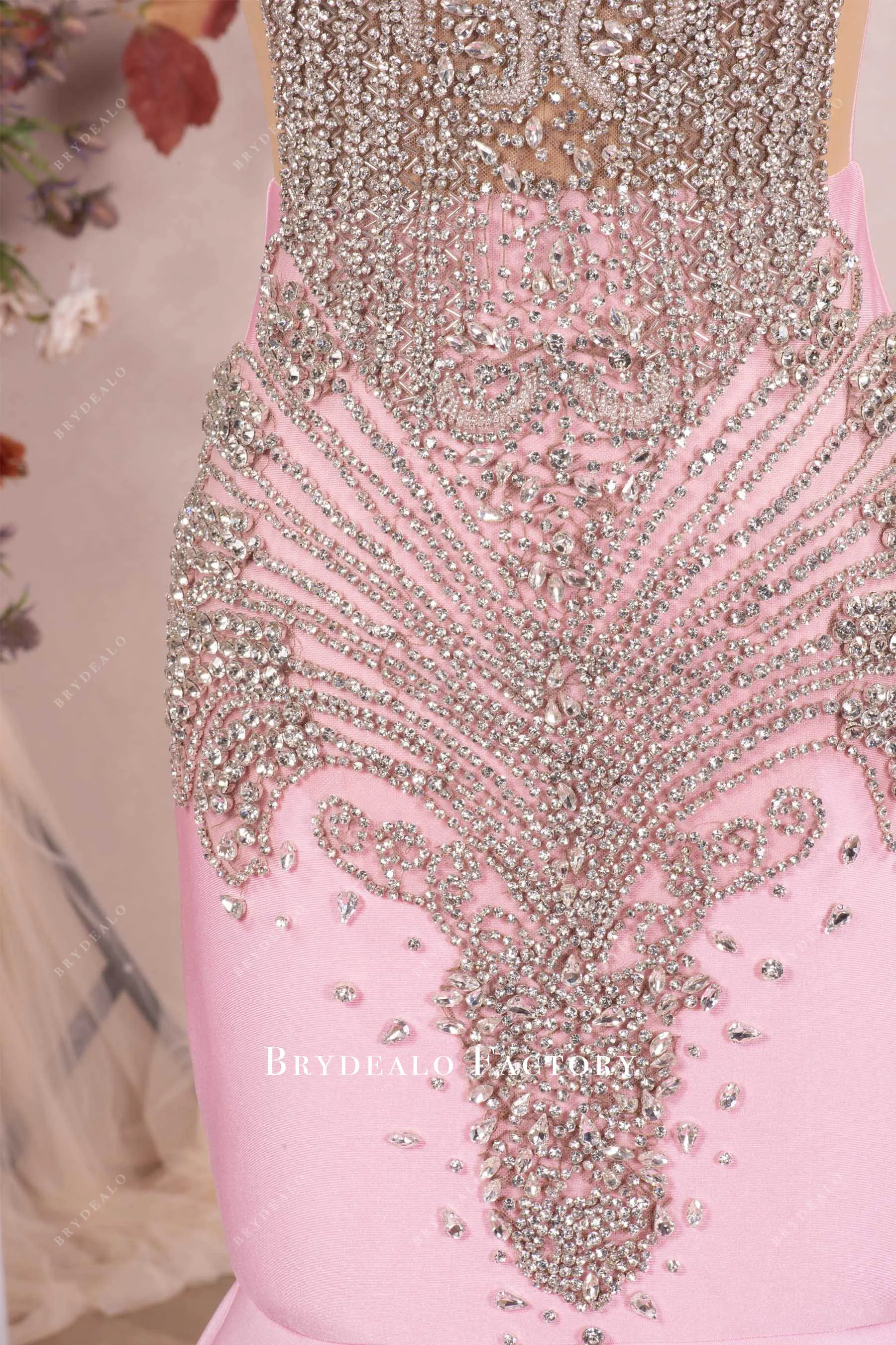 Pink Rhinestone Chapel Feather Train Mermaid Prom Dress