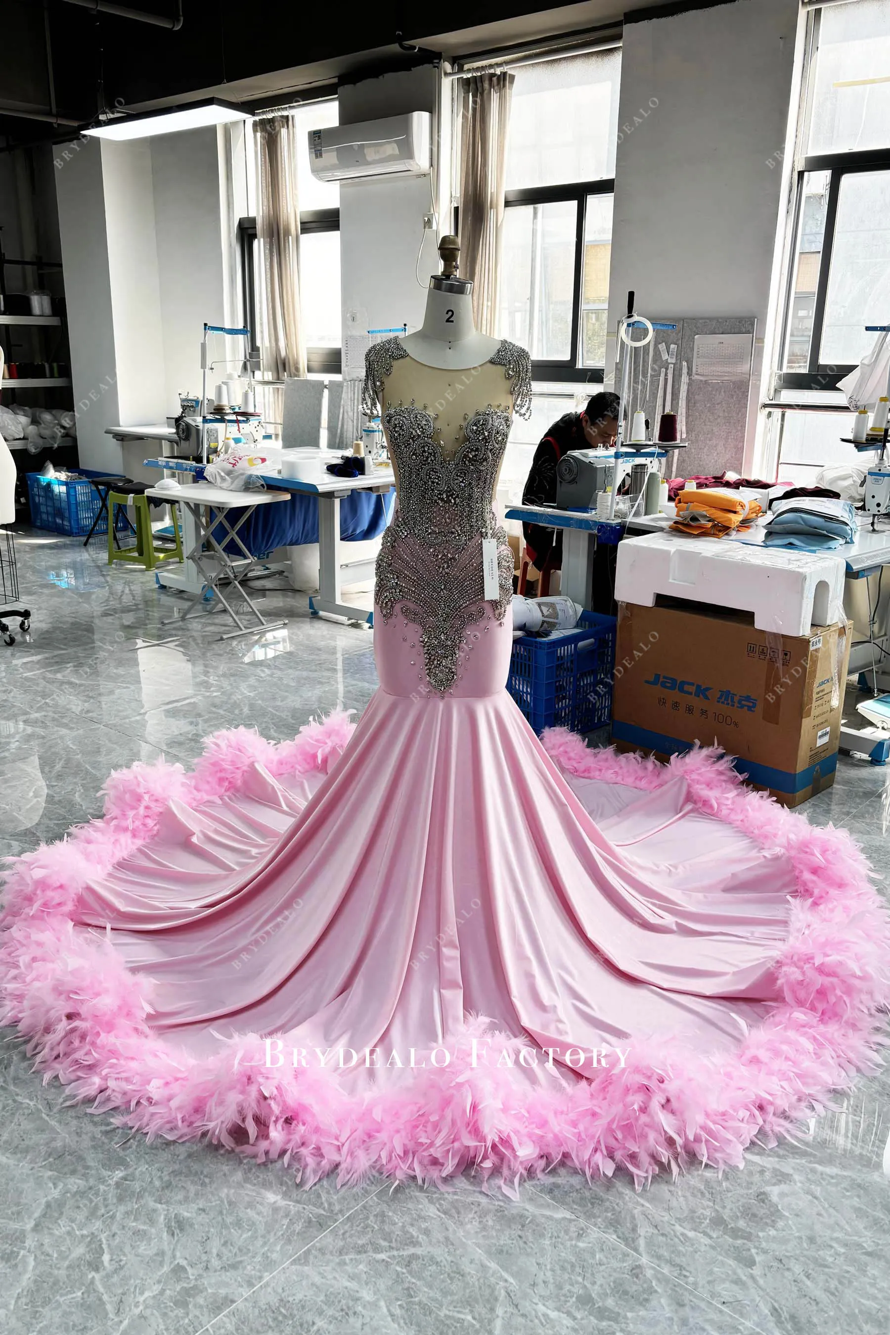 Pink Rhinestone Chapel Feather Train Mermaid Prom Dress