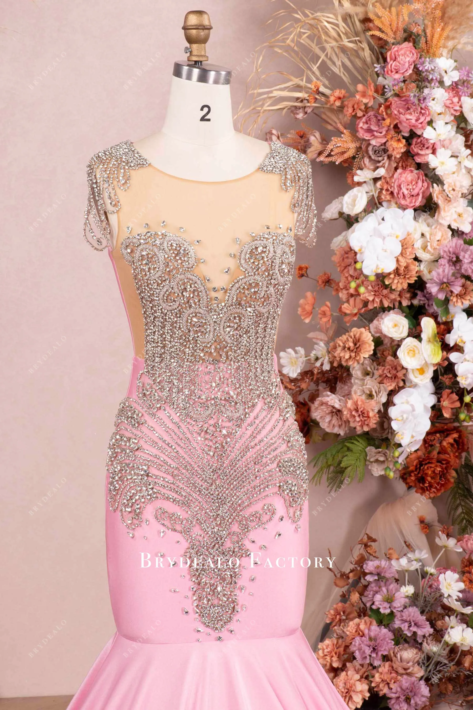 Pink Rhinestone Chapel Feather Train Mermaid Prom Dress