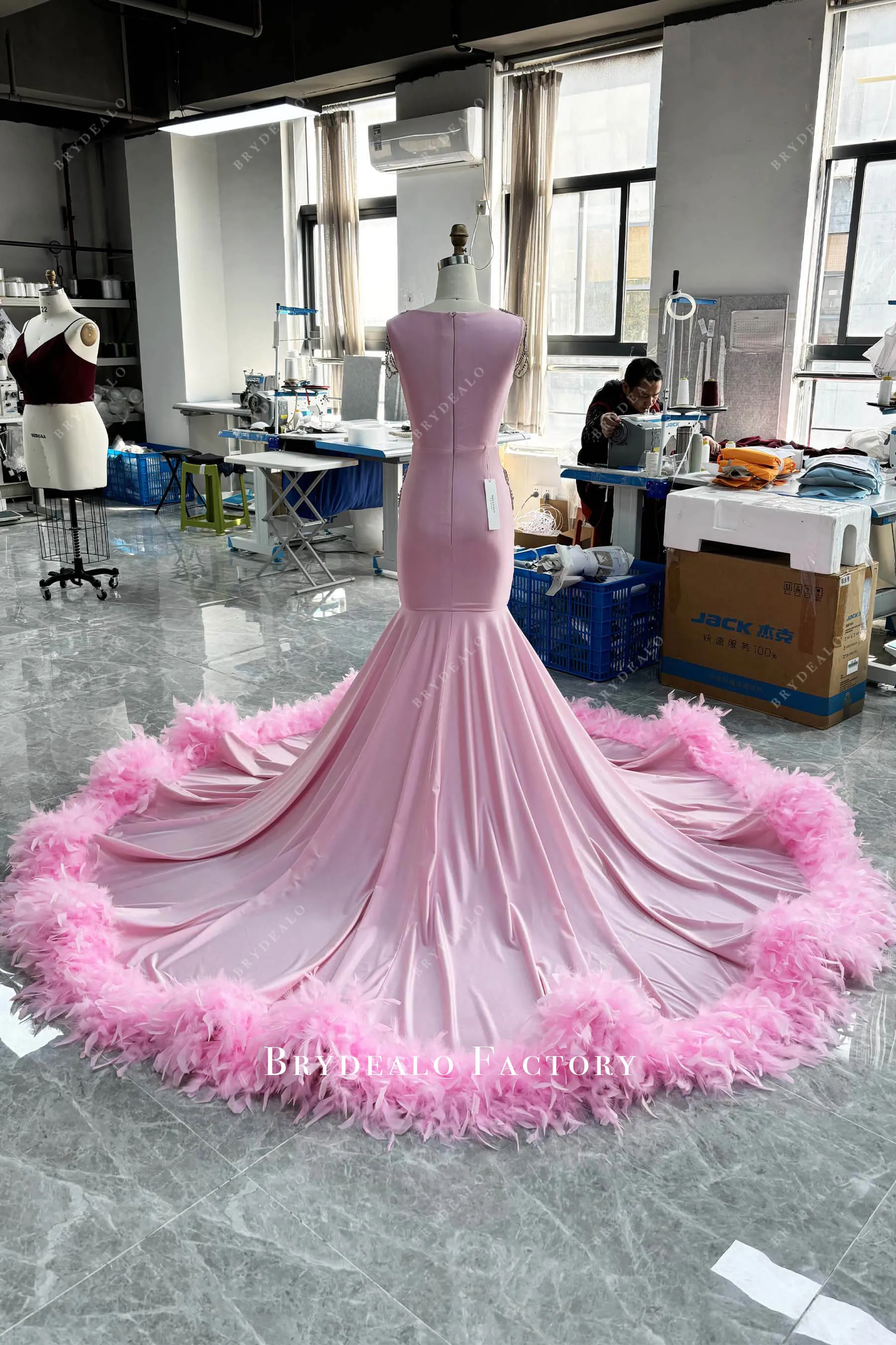 Pink Rhinestone Chapel Feather Train Mermaid Prom Dress