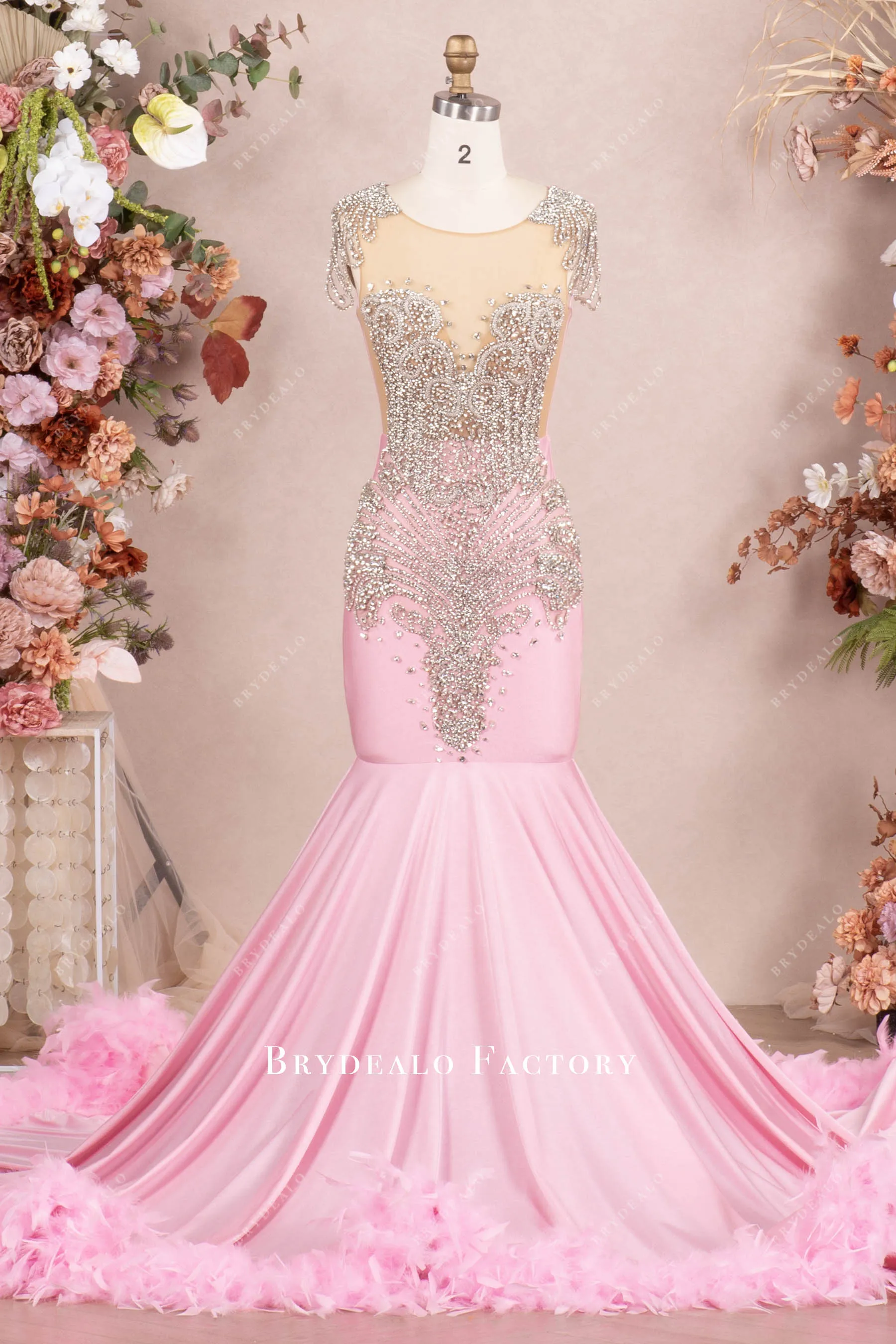 Pink Rhinestone Chapel Feather Train Mermaid Prom Dress