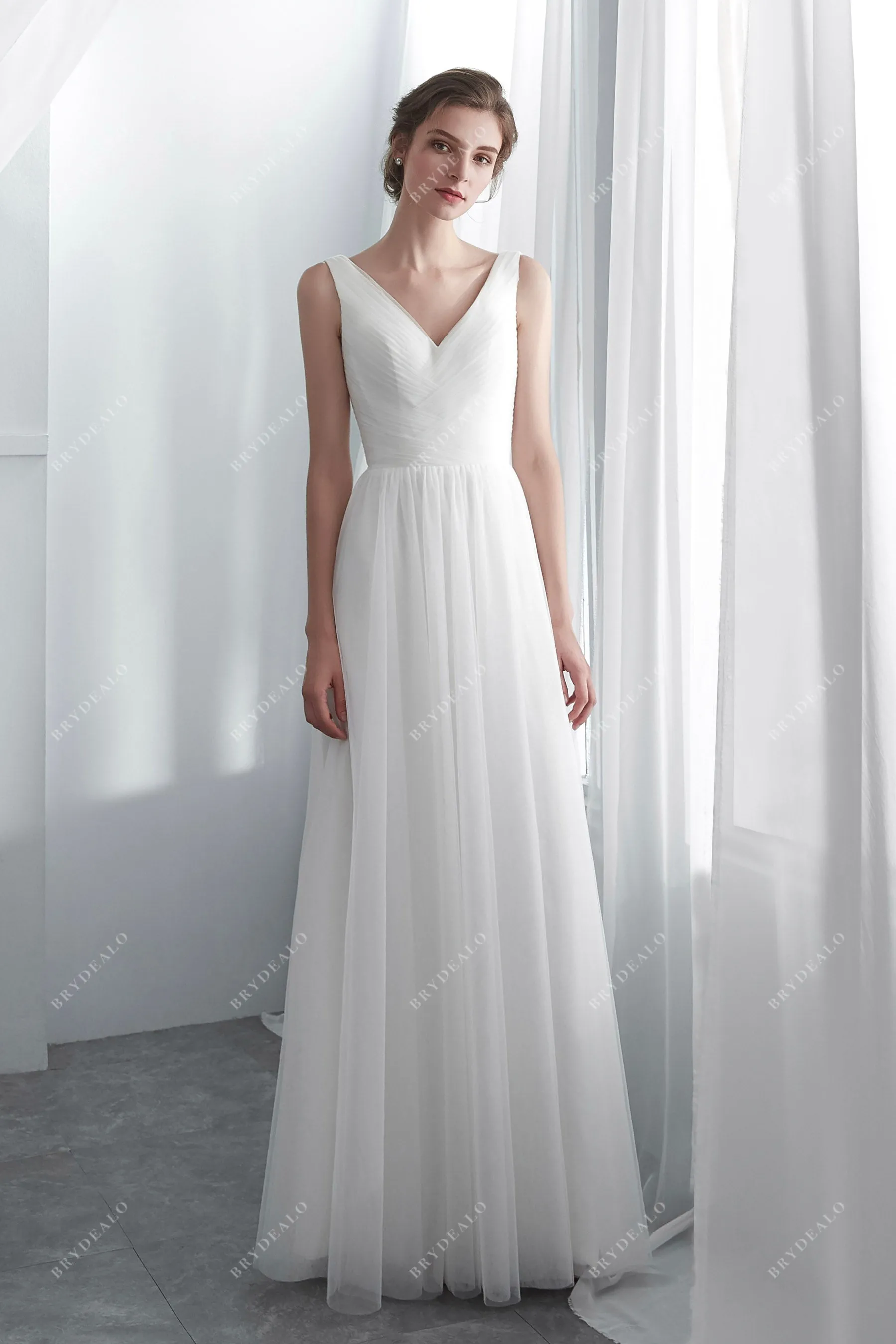 Pleated Tulle V-neck Summer Floor Length Beach Wedding Gown