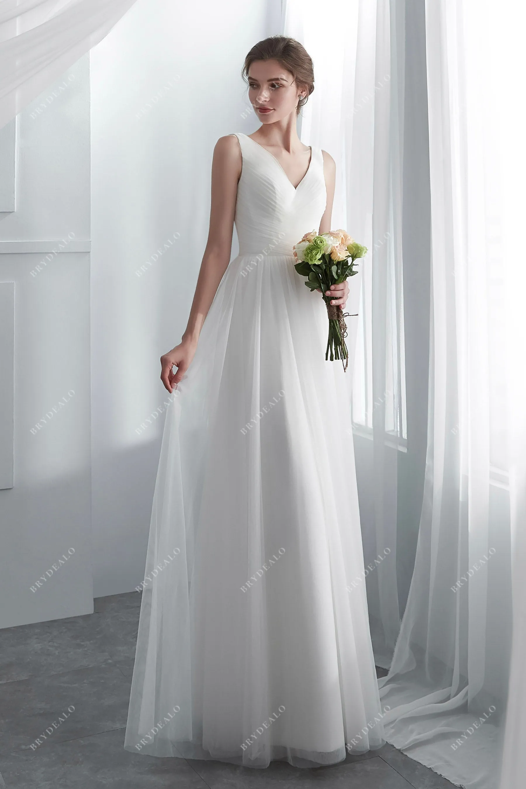 Pleated Tulle V-neck Summer Floor Length Beach Wedding Gown