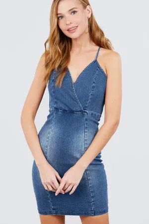 Plunging V-neck Cami W/back Cross Strap Mini Denim Dress