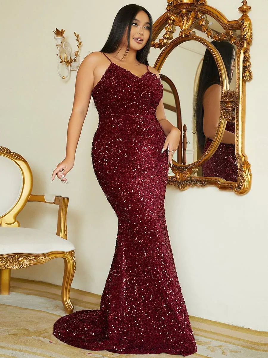 Plus Size Spaghetti Strap Sequin Wine Evening Dress PXJ1646