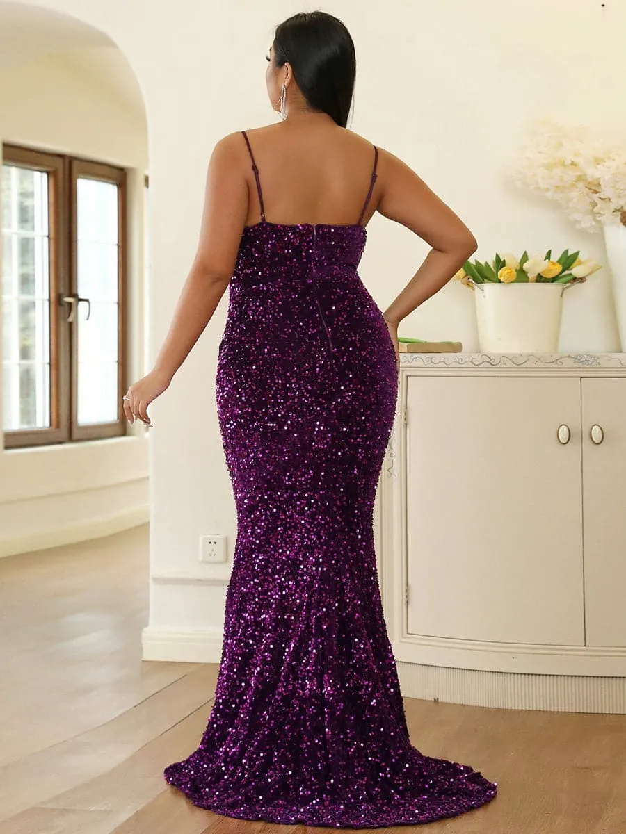 Plus Size Spaghetti Strap Sequin Wine Evening Dress PXJ1646