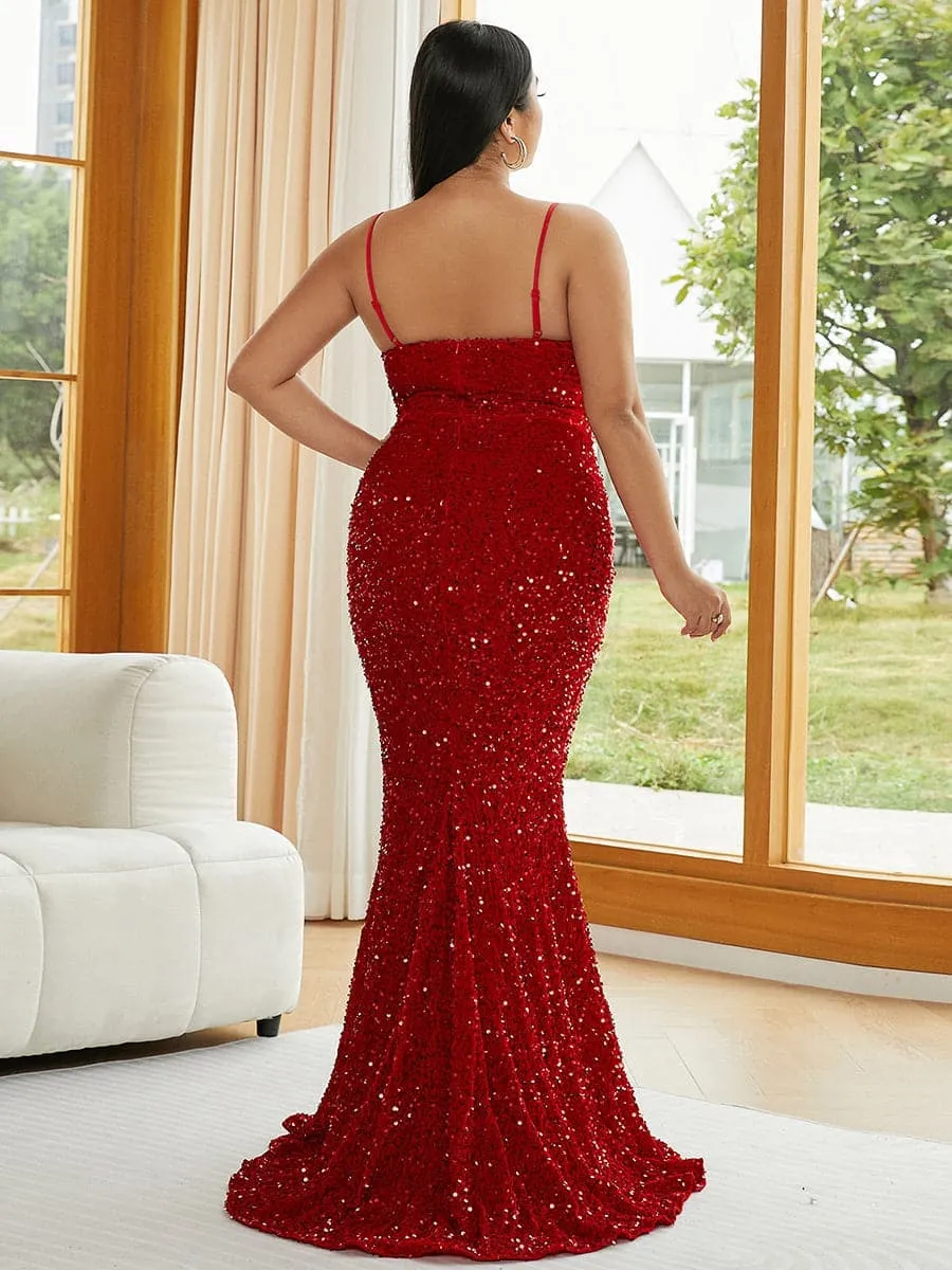 Plus Size Spaghetti Strap Sequin Wine Evening Dress PXJ1646