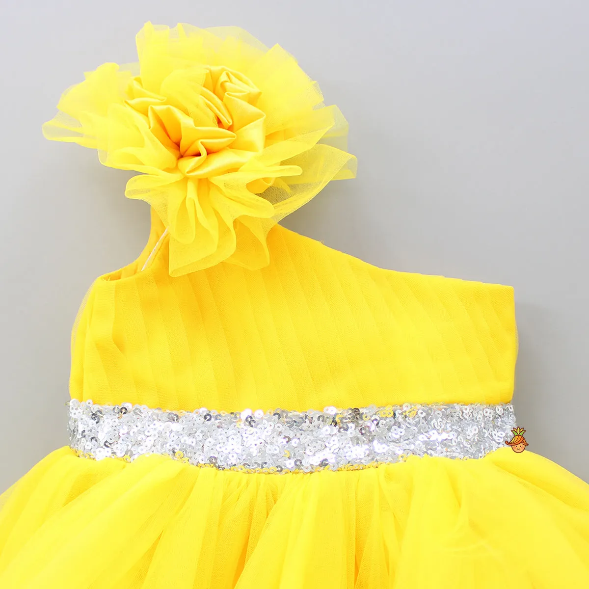 Pre Order: One Shoulder Ruffle Hem High Low Yellow Dress With Matching Head Band