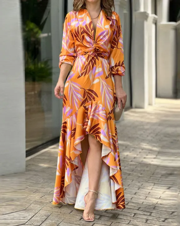 Printed V-Neck Long Sleeve Dress