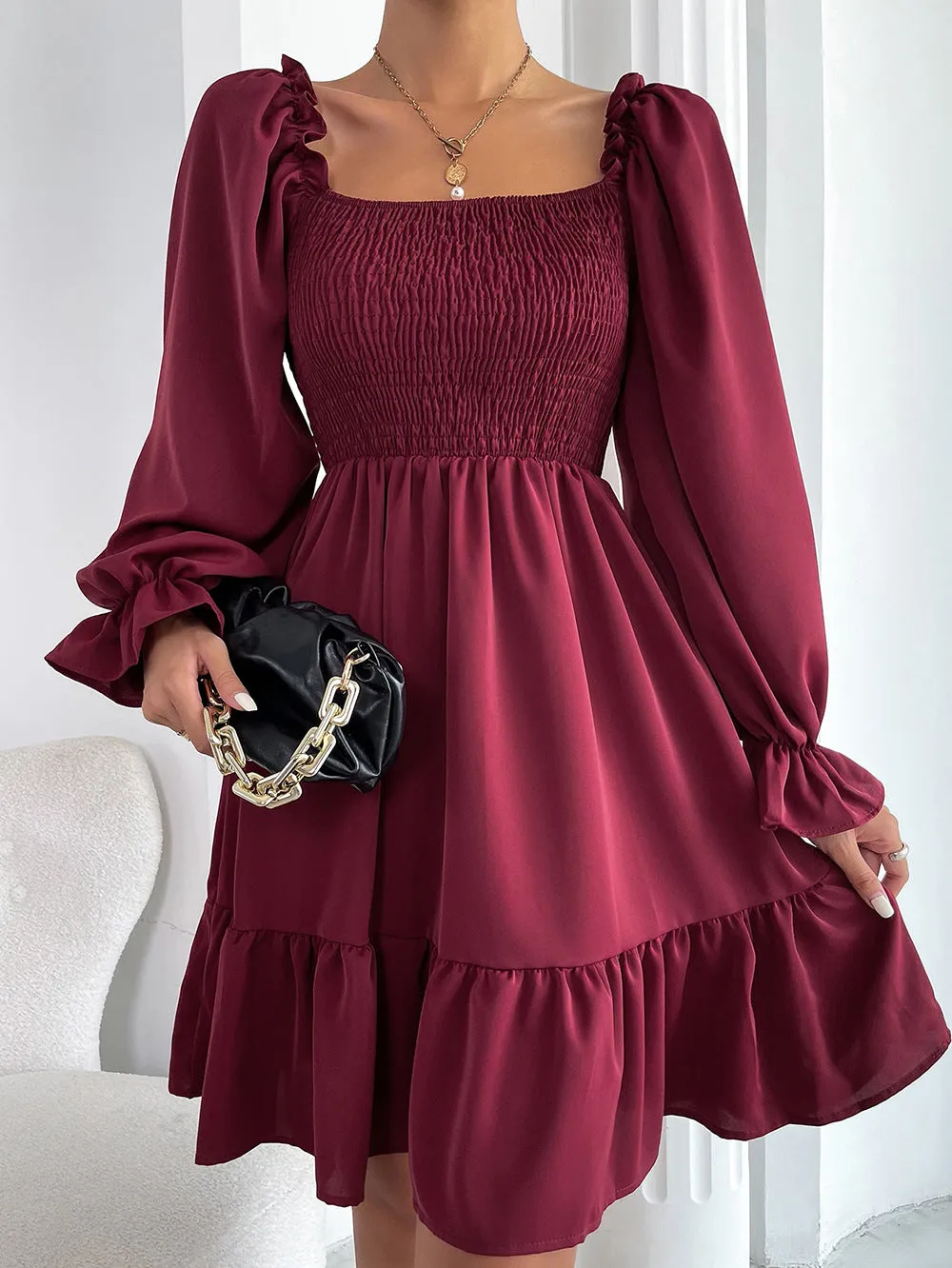 Pullover Square Neck Long Sleeve Ruffle high waist tight temperament commuter dress women