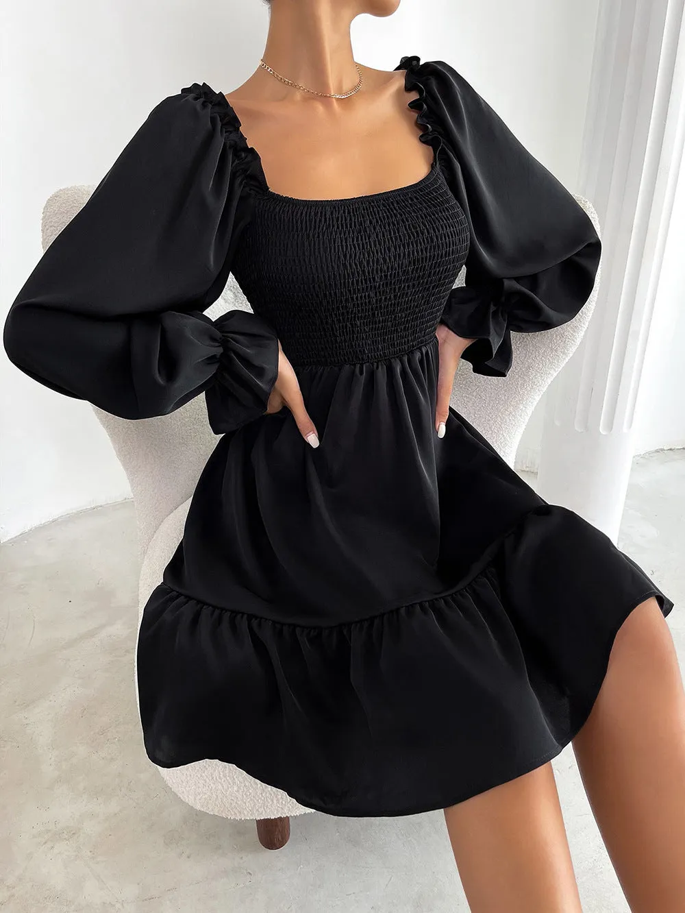 Pullover Square Neck Long Sleeve Ruffle high waist tight temperament commuter dress women