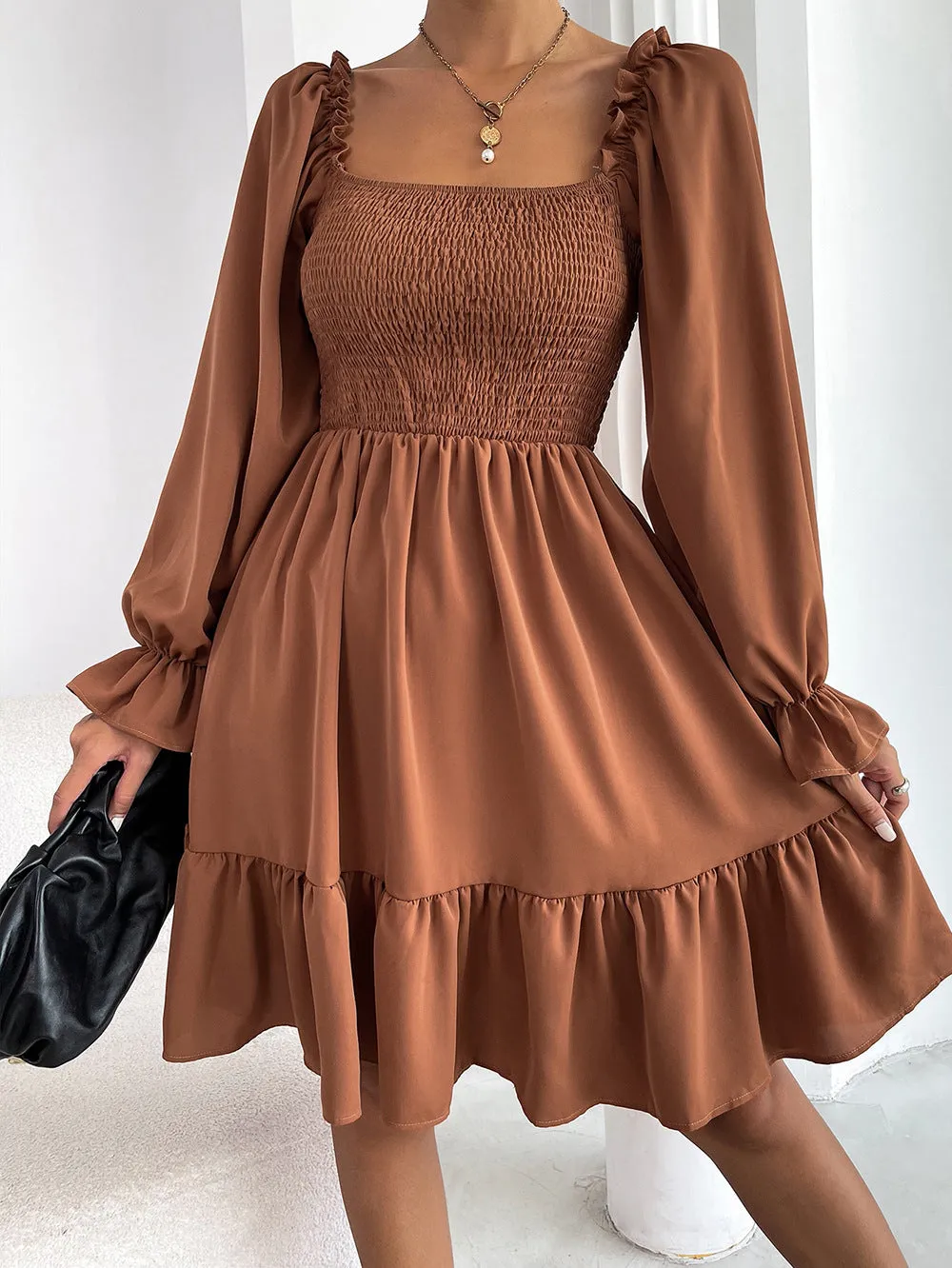 Pullover Square Neck Long Sleeve Ruffle high waist tight temperament commuter dress women