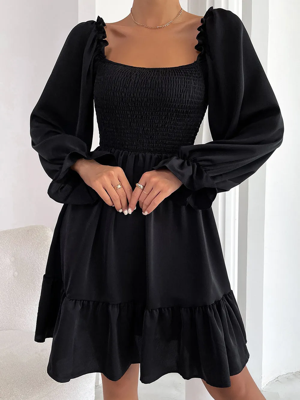 Pullover Square Neck Long Sleeve Ruffle high waist tight temperament commuter dress women