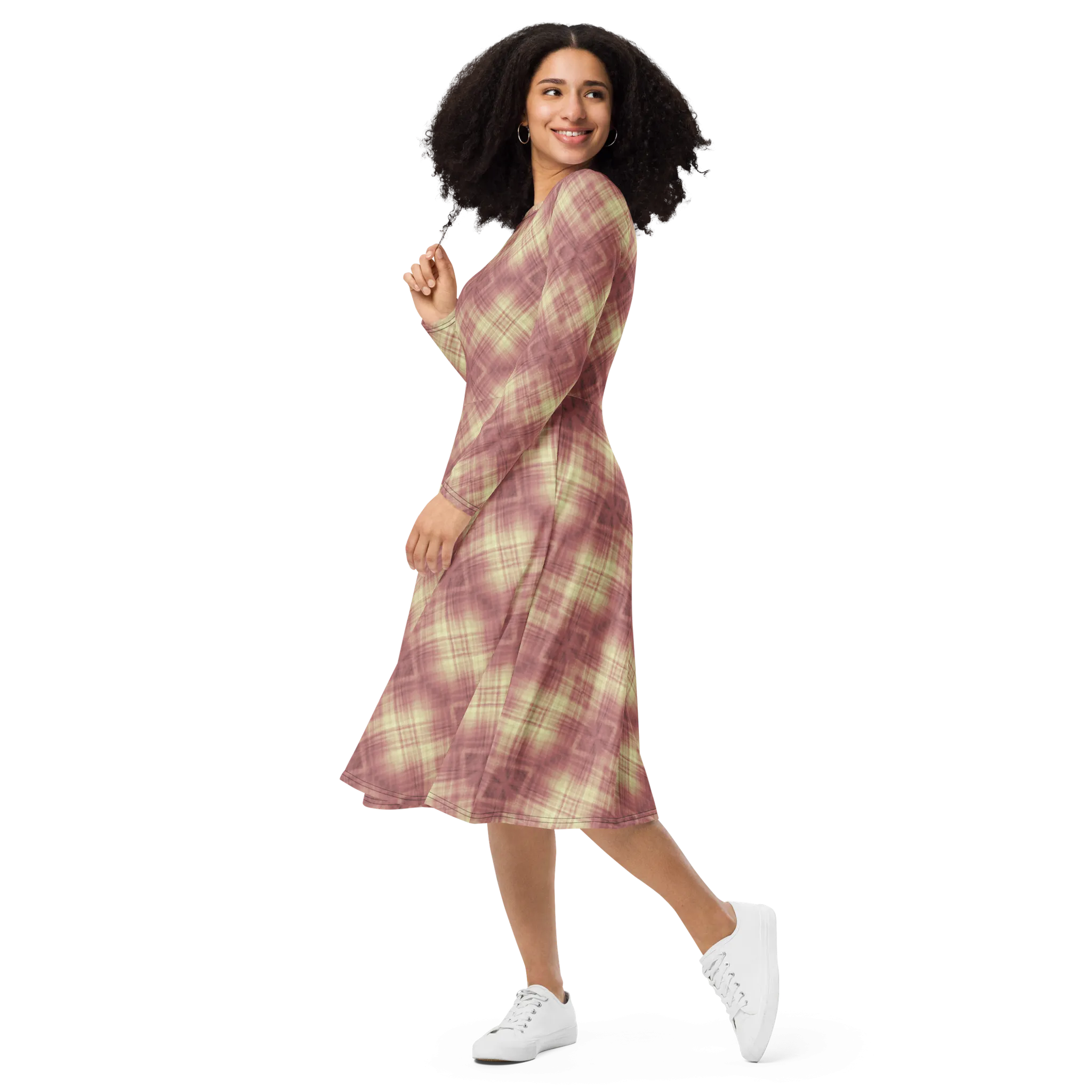 Recursia Argyle Rewired I Long Sleeve Midi Dress In Pink