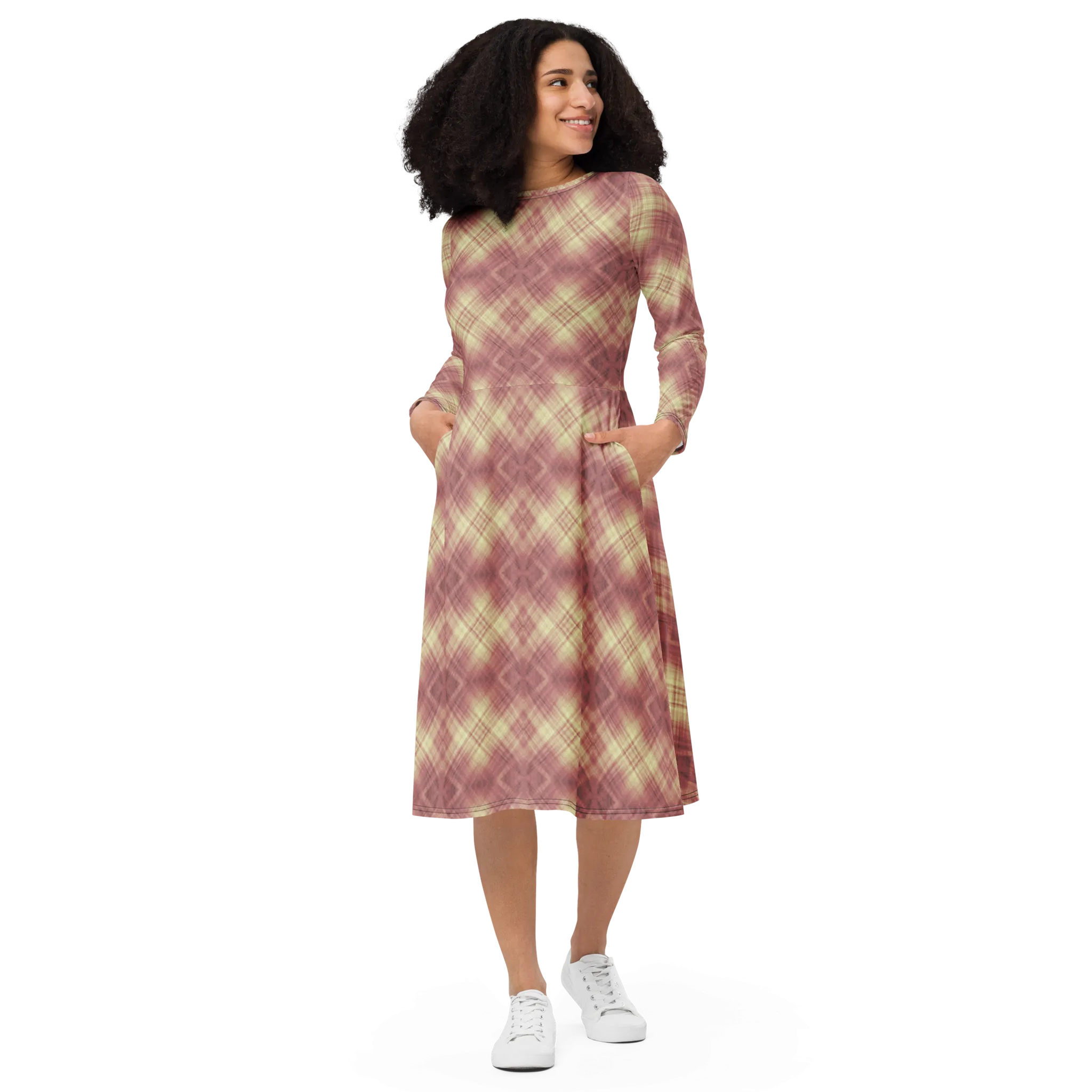 Recursia Argyle Rewired I Long Sleeve Midi Dress In Pink