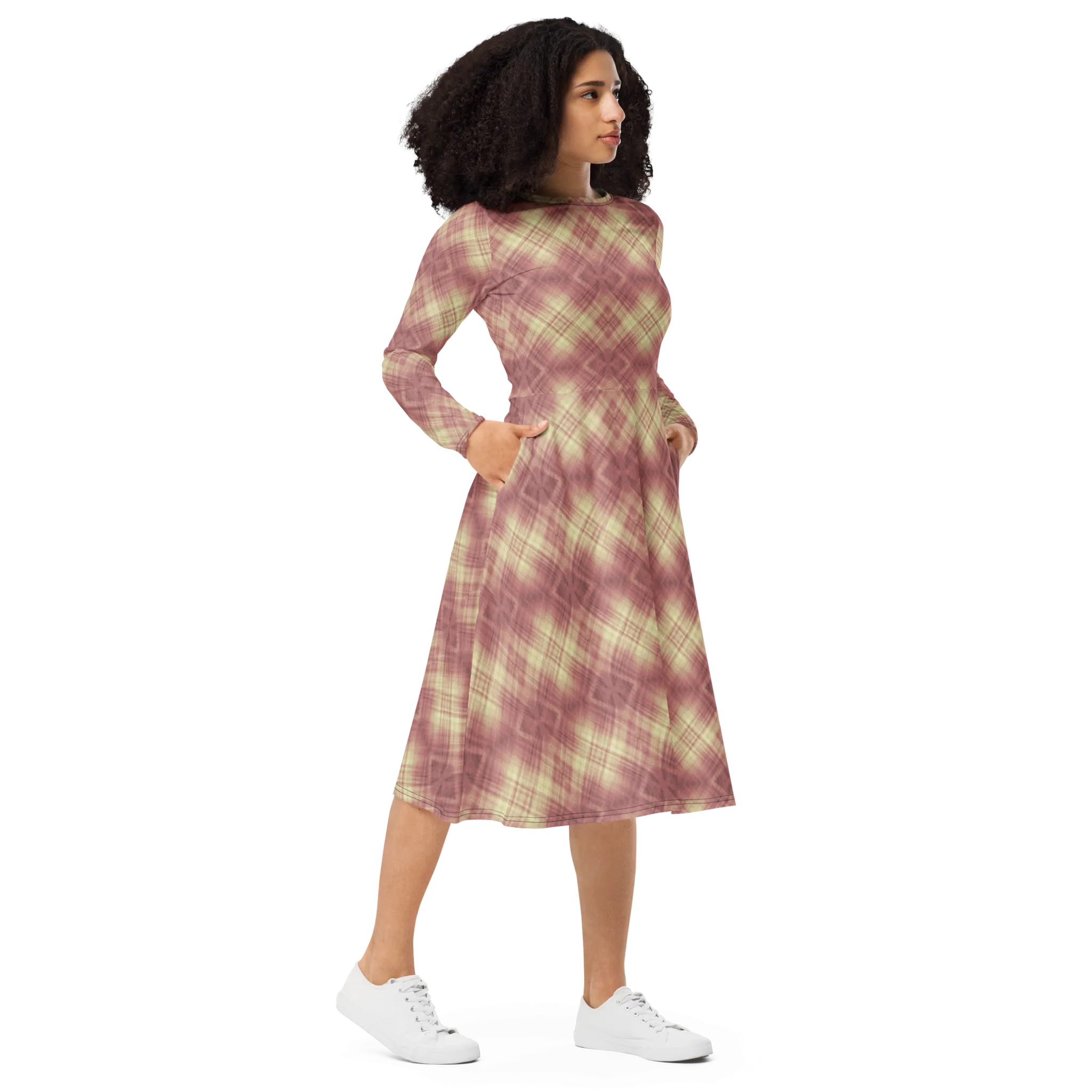 Recursia Argyle Rewired I Long Sleeve Midi Dress In Pink