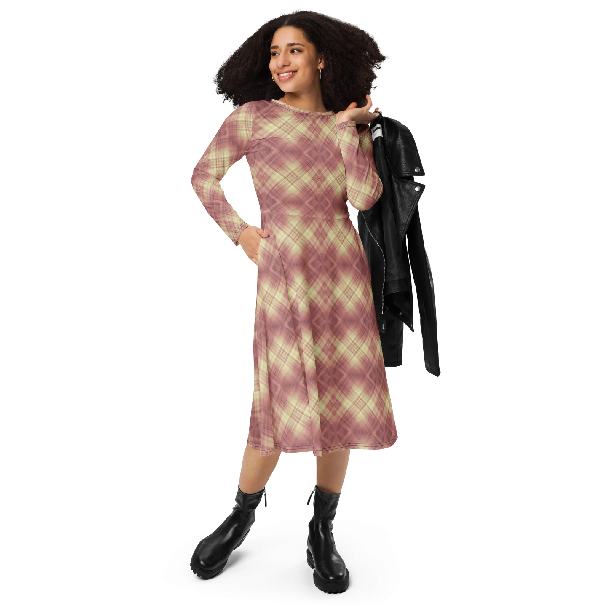 Recursia Argyle Rewired I Long Sleeve Midi Dress In Pink