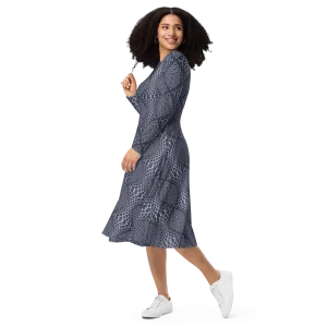 Recursia Illusions Game Long Sleeve Midi Dress In Blue