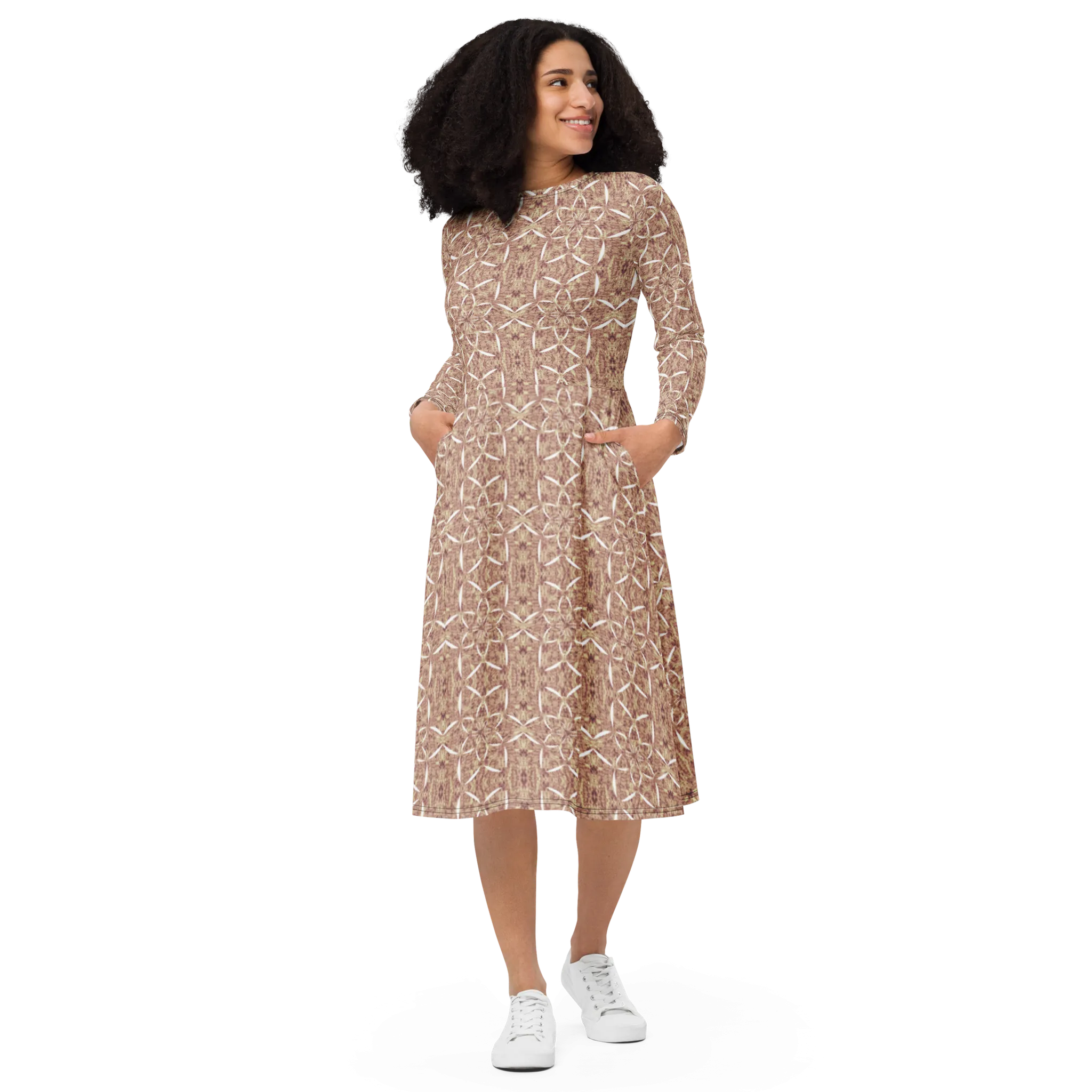 Recursia Lotus Light Long Sleeve Midi Dress In Pink